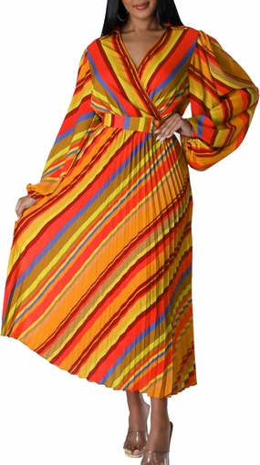 Women's 2024 Striped Casual Midi Dress V Neck Long Sleeve Pleated High Waist Flowy Maxi Dresses