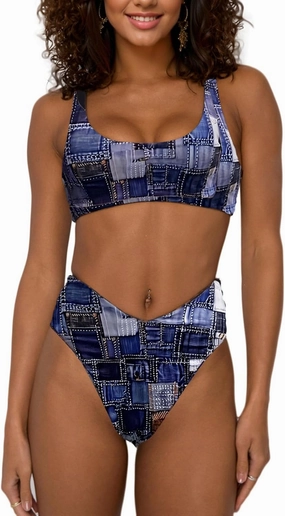 Women's High Waisted Bathing Suit Cute Scoop Neck Sporty Crop Top Push Up Bikini Sets Cheeky V Cut Leg Rise Bottom