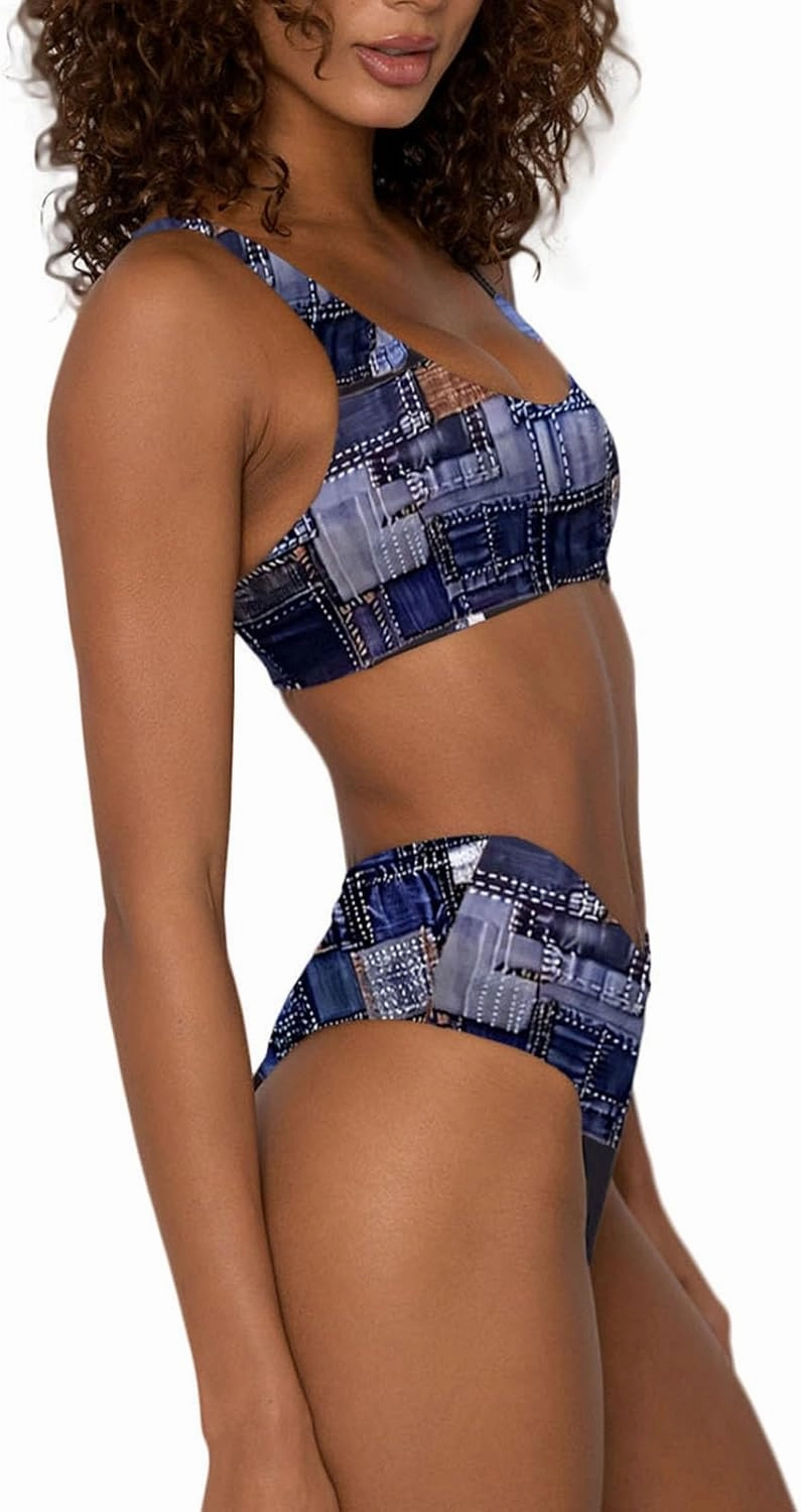 Women's High Waisted Bathing Suit Cute Scoop Neck Sporty Crop Top Push Up Bikini Sets Cheeky V Cut Leg Rise Bottom