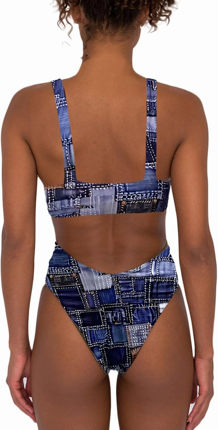 Women's High Waisted Bathing Suit Cute Scoop Neck Sporty Crop Top Push Up Bikini Sets Cheeky V Cut Leg Rise Bottom