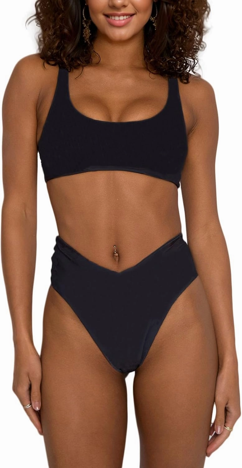 Women's High Waisted Bathing Suit Cute Scoop Neck Sporty Crop Top Push Up Bikini Sets Cheeky V Cut Leg Rise Bottom