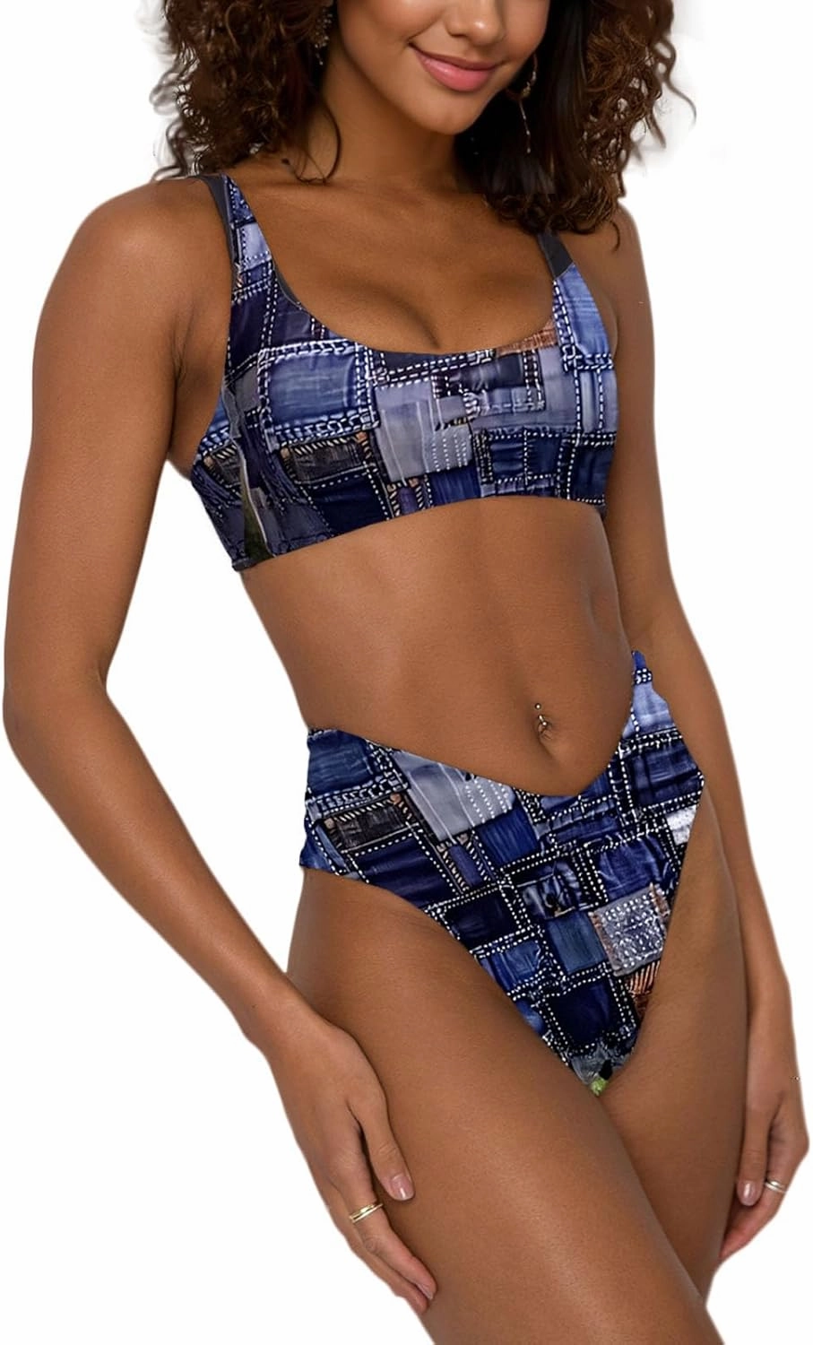 Women's High Waisted Bathing Suit Cute Scoop Neck Sporty Crop Top Push Up Bikini Sets Cheeky V Cut Leg Rise Bottom