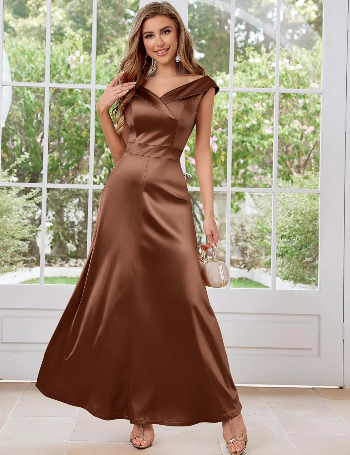 Women's Vintage 1950s V Neck Satin Cocktail Bridesmaid Floor Length Dress