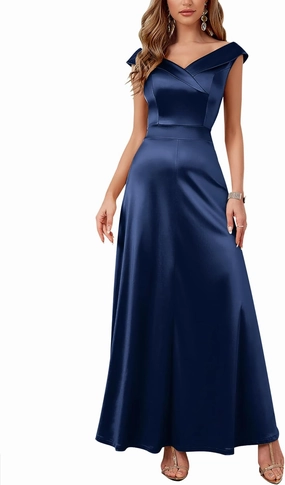 Women's Vintage 1950s V Neck Satin Cocktail Bridesmaid Floor Length Dress