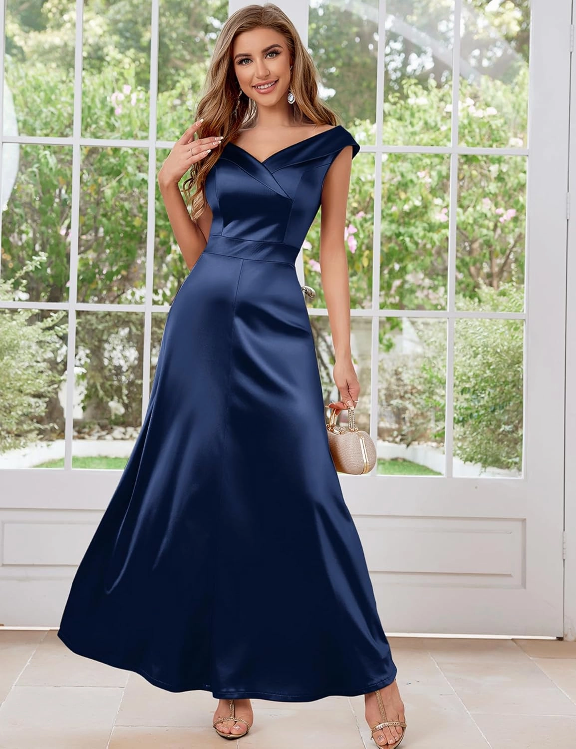 Women's Vintage 1950s V Neck Satin Cocktail Bridesmaid Floor Length Dress