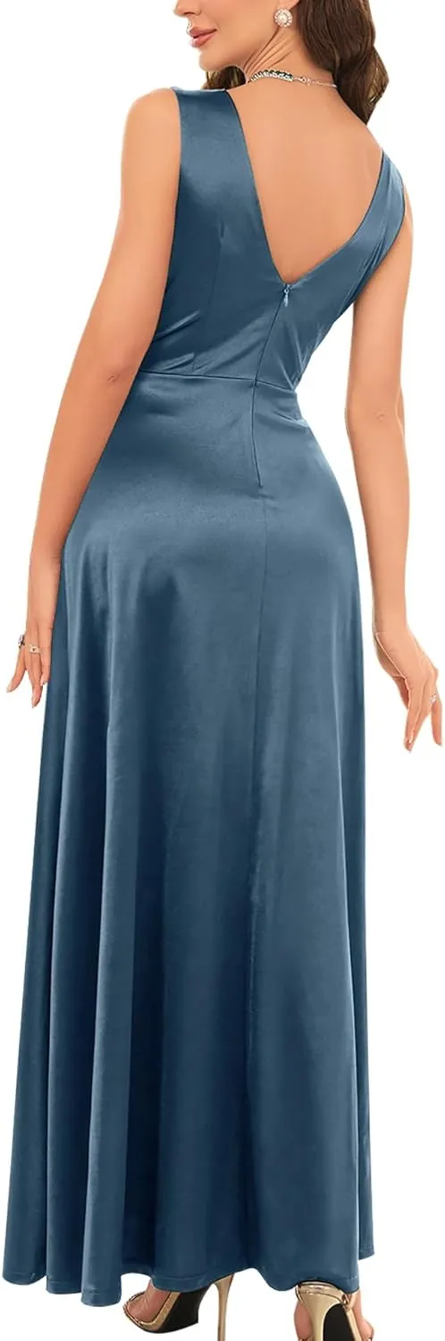 Women's Elegant Wrap V Neck Bridesmaid Prom High Slit Long Dress