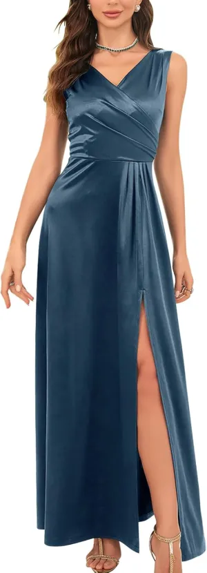 Women's Elegant Wrap V Neck Bridesmaid Prom High Slit Long Dress