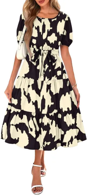 Women's Floral Print Bohemian Midi Dress with Short Sleeves and Waist Tie Casual Summer Beach Vacation Dresses
