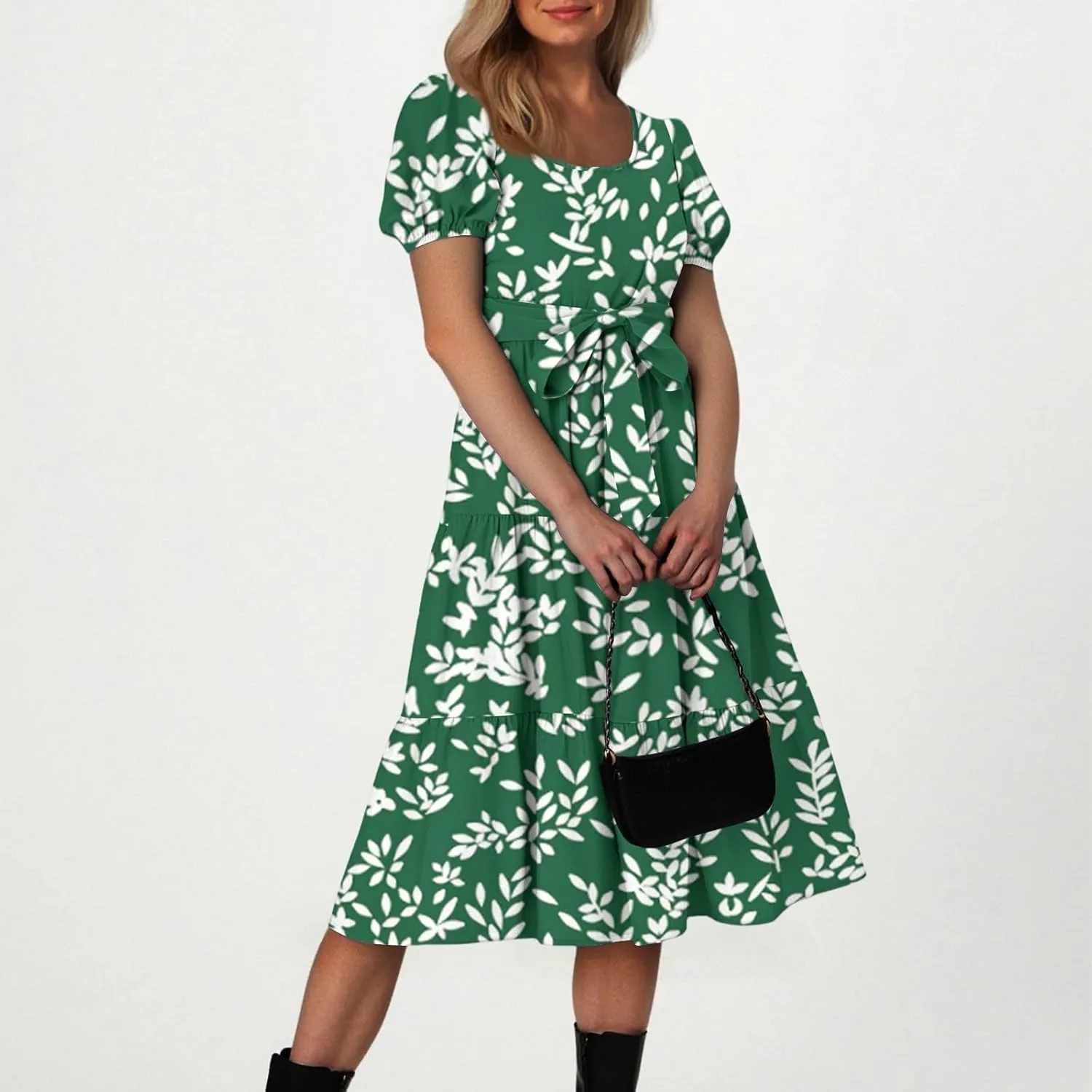 Women's Floral Print Bohemian Midi Dress with Short Sleeves and Waist Tie Casual Summer Beach Vacation Dresses