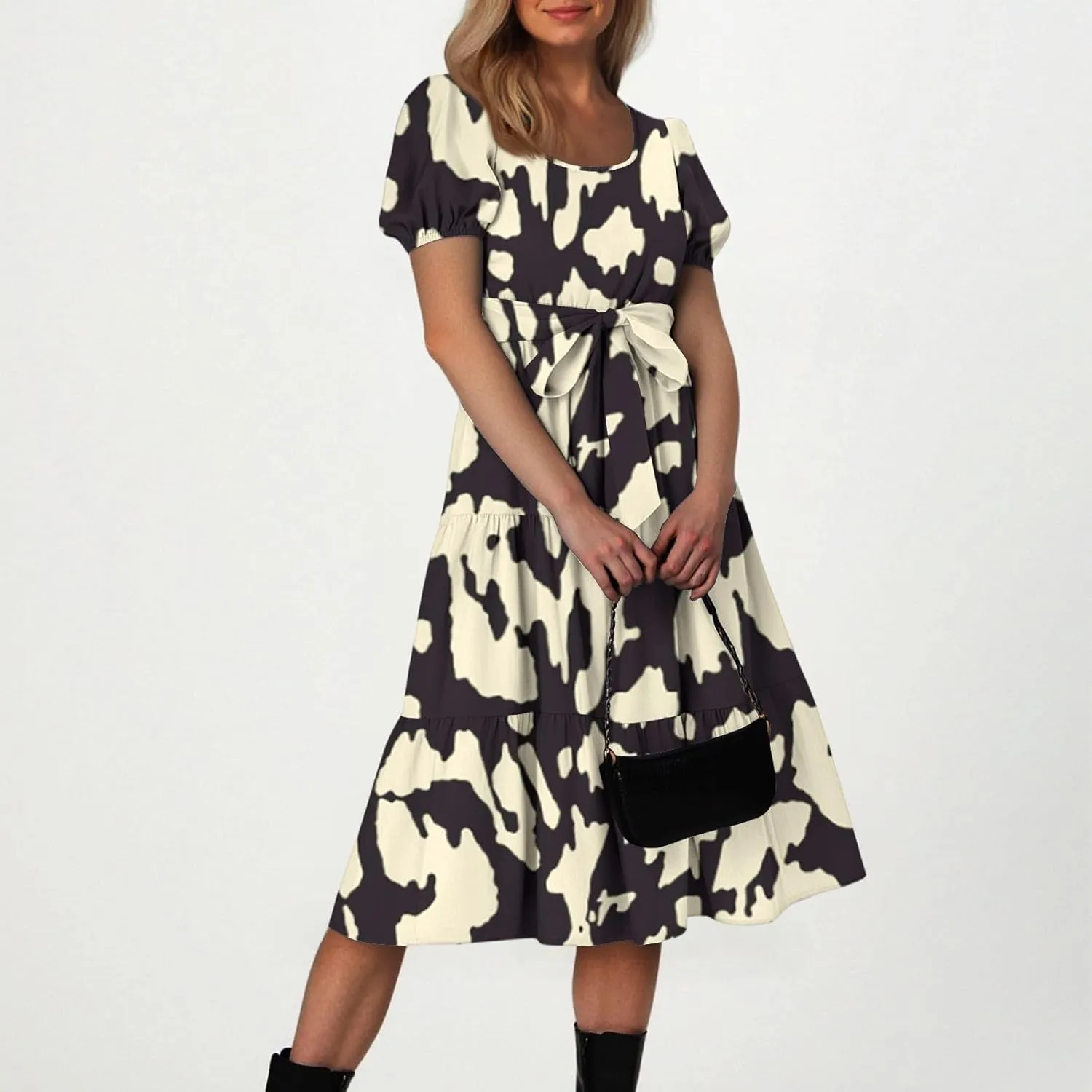 Women's Floral Print Bohemian Midi Dress with Short Sleeves and Waist Tie Casual Summer Beach Vacation Dresses