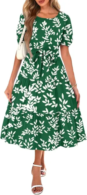 Women's Floral Print Bohemian Midi Dress with Short Sleeves and Waist Tie Casual Summer Beach Vacation Dresses