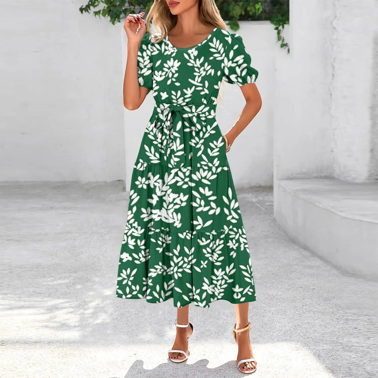Women's Floral Print Bohemian Midi Dress with Short Sleeves and Waist Tie Casual Summer Beach Vacation Dresses