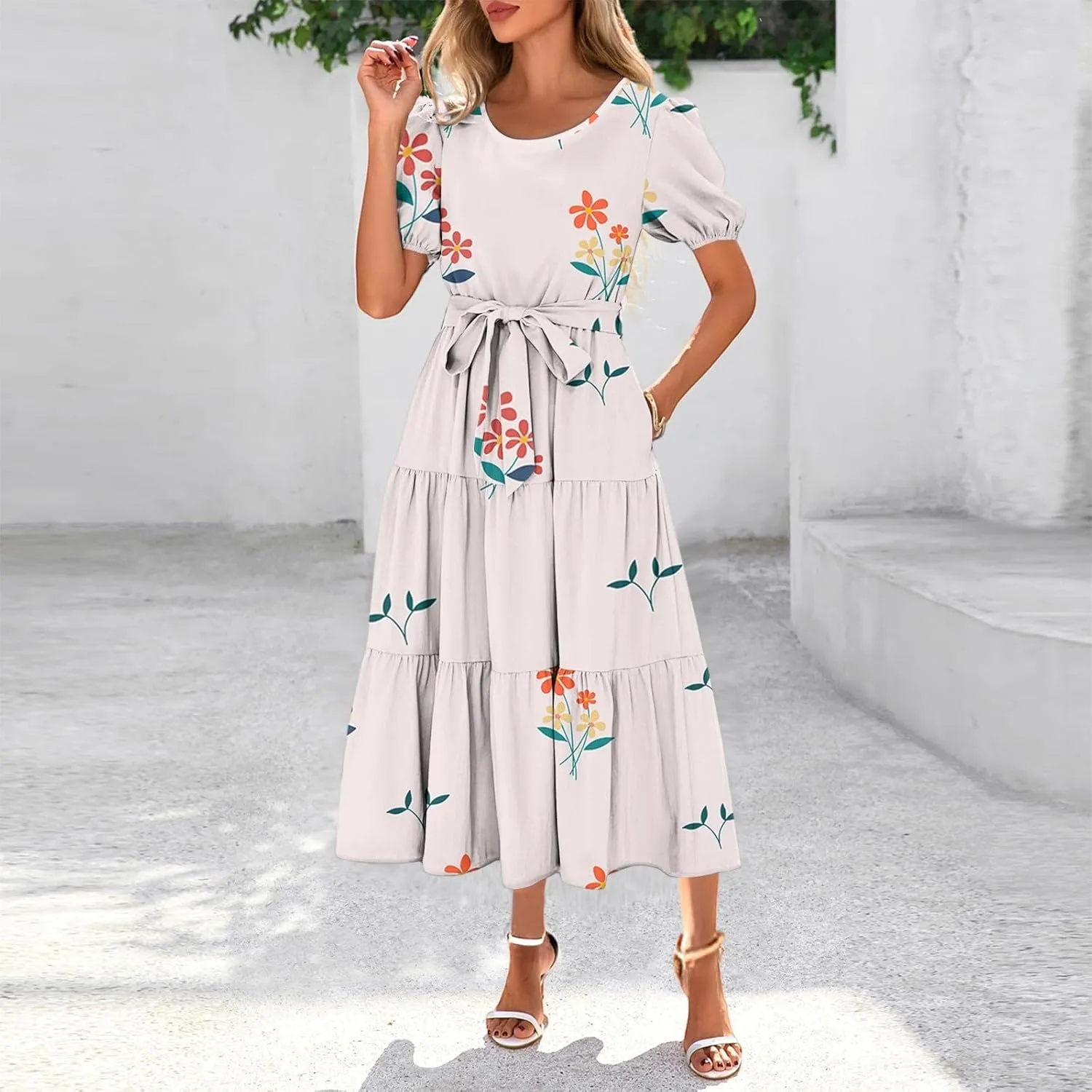 Women's Floral Print Bohemian Midi Dress with Short Sleeves and Waist Tie Casual Summer Beach Vacation Dresses