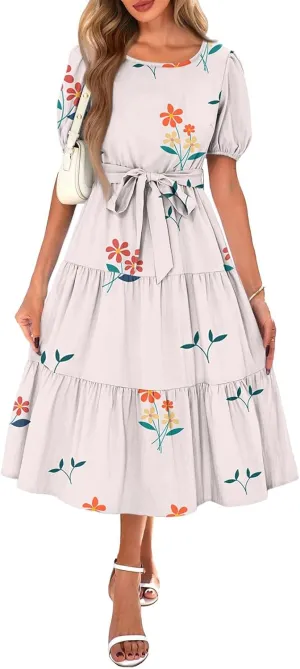 Women's Floral Print Bohemian Midi Dress with Short Sleeves and Waist Tie Casual Summer Beach Vacation Dresses