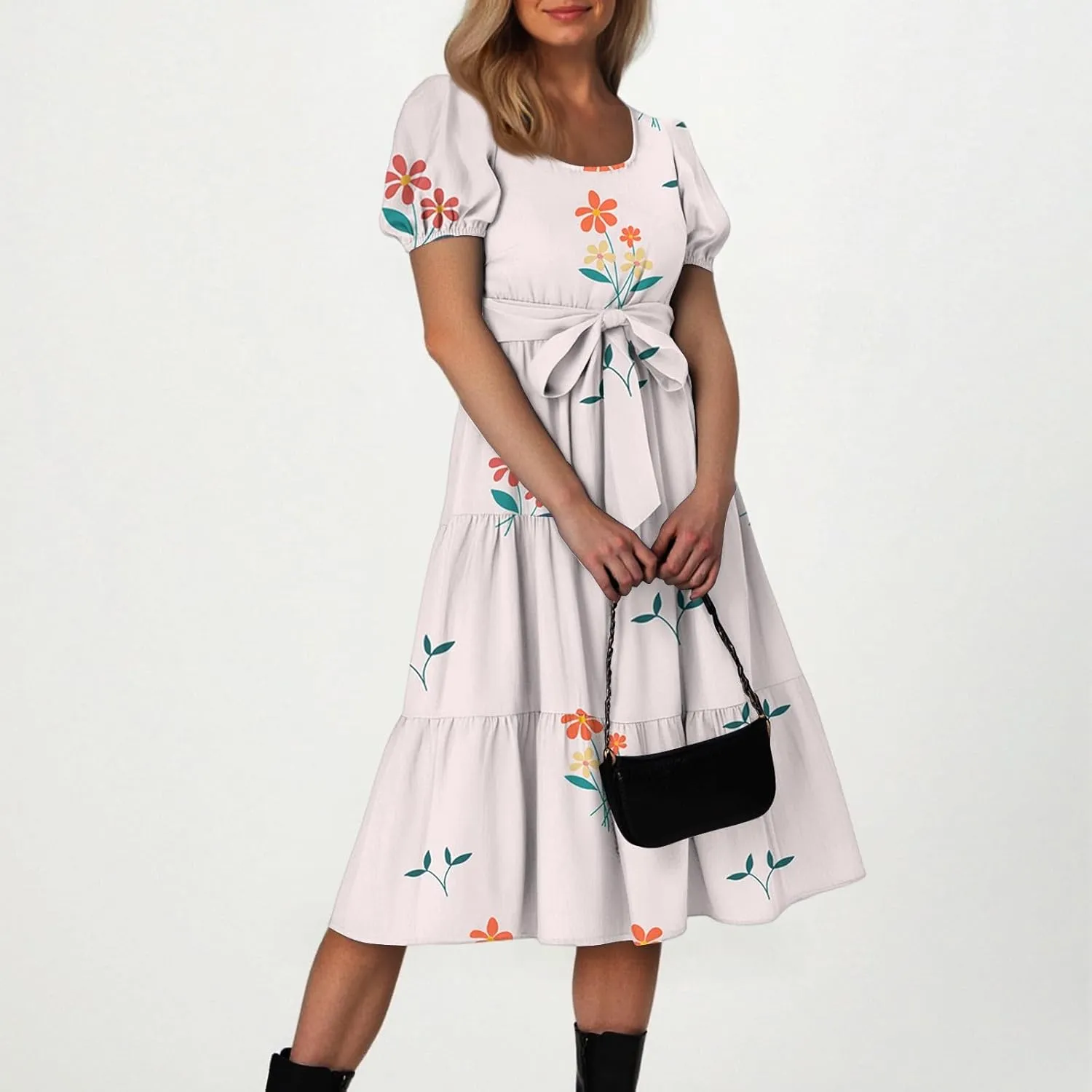 Women's Floral Print Bohemian Midi Dress with Short Sleeves and Waist Tie Casual Summer Beach Vacation Dresses