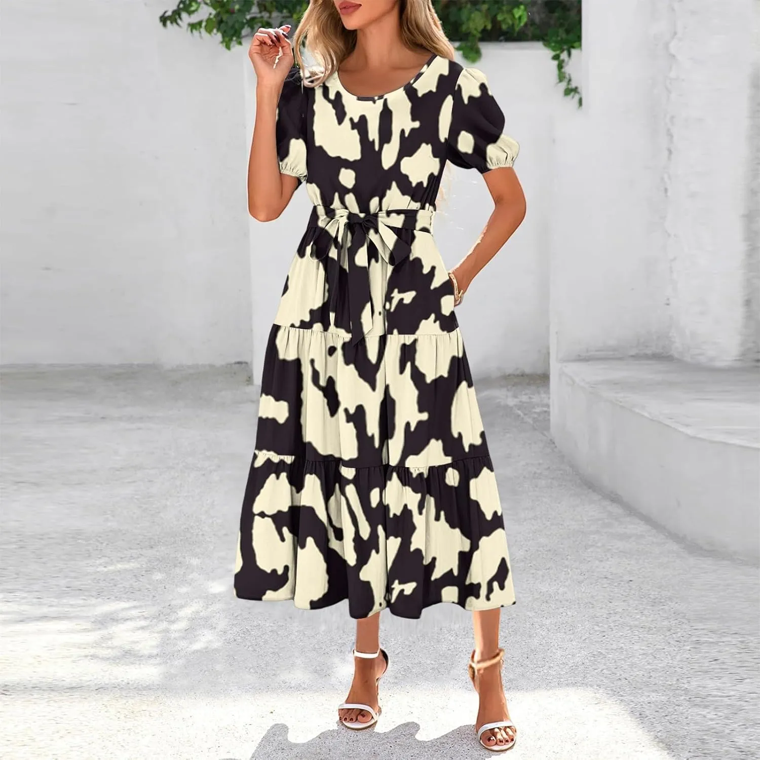 Women's Floral Print Bohemian Midi Dress with Short Sleeves and Waist Tie Casual Summer Beach Vacation Dresses