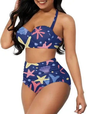Women's Two Piece Swimsuits Sexy Tummy Control Bikini Sets High Waist Bathing Suits Ruched Ruffle Push Up for Women