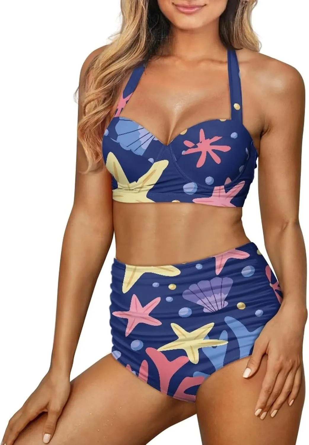 Women's Two Piece Swimsuits Sexy Tummy Control Bikini Sets High Waist Bathing Suits Ruched Ruffle Push Up for Women