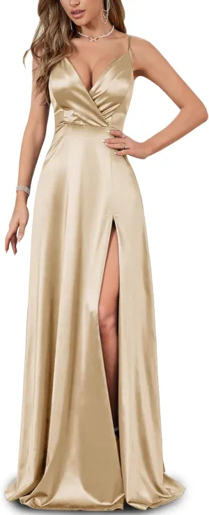 Women's Vintage 1950's Surplice V Neck Split Thigh Evening Party Formal Dress