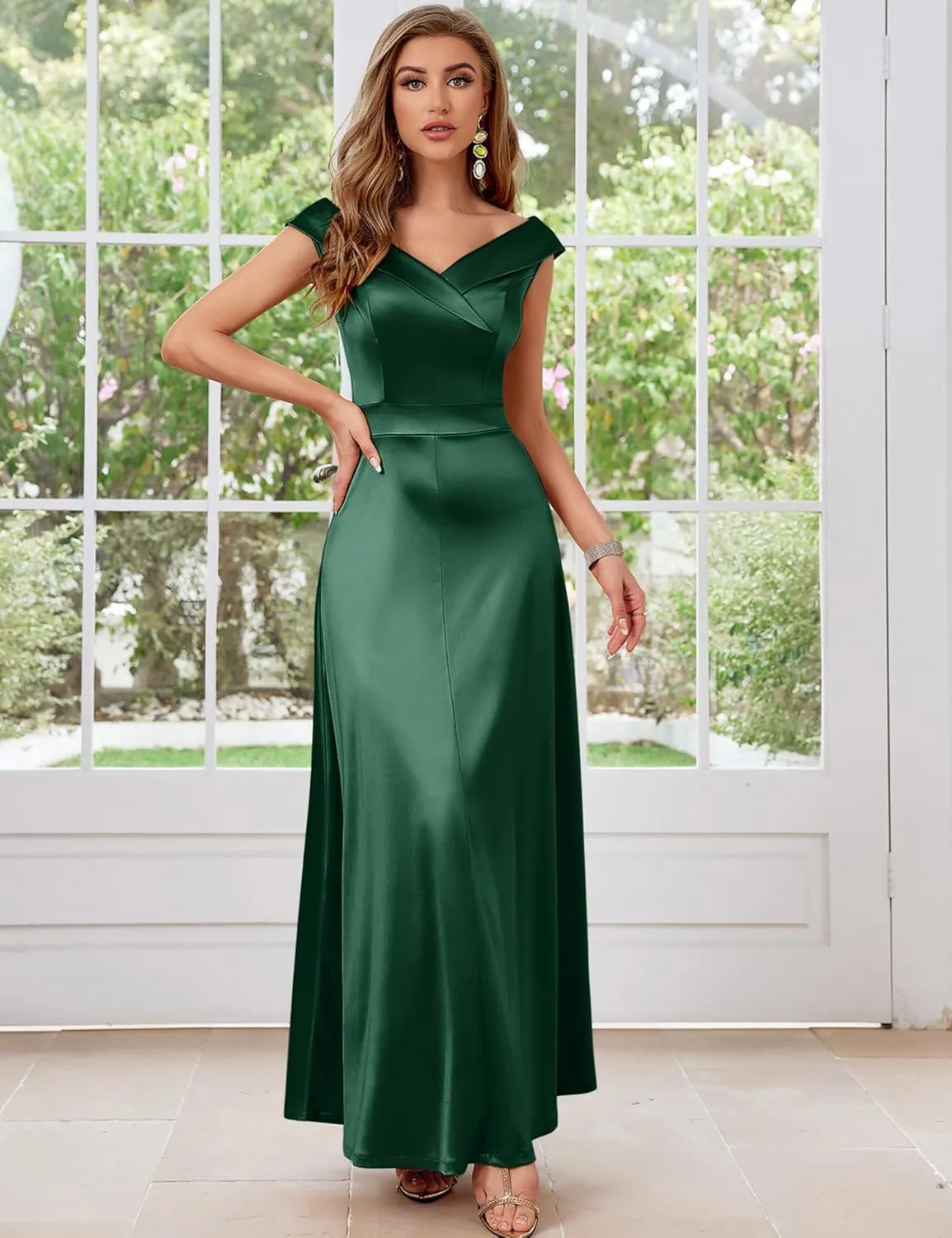 Women's Vintage 1950s V Neck Satin Cocktail Bridesmaid Floor Length Dress
