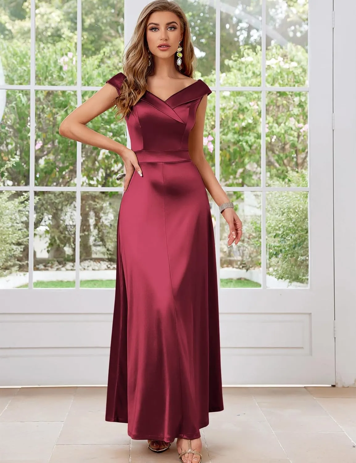 Women's Vintage 1950s V Neck Satin Cocktail Bridesmaid Floor Length Dress