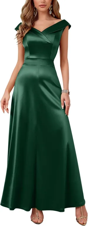 Women's Vintage 1950s V Neck Satin Cocktail Bridesmaid Floor Length Dress
