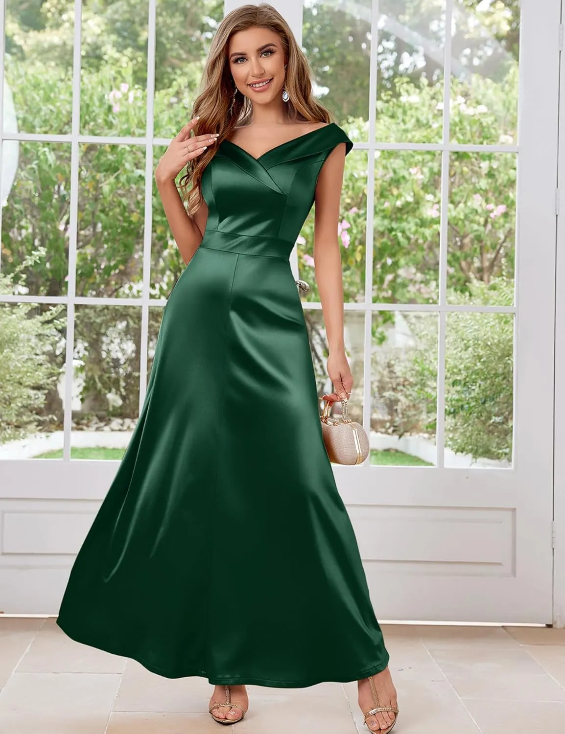 Women's Vintage 1950s V Neck Satin Cocktail Bridesmaid Floor Length Dress
