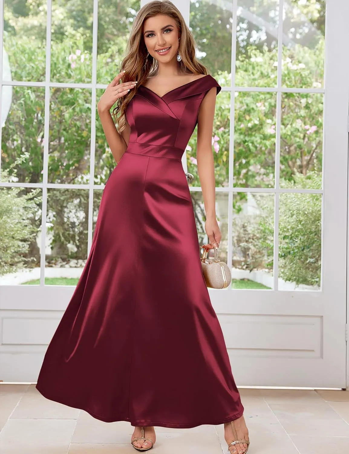 Women's Vintage 1950s V Neck Satin Cocktail Bridesmaid Floor Length Dress