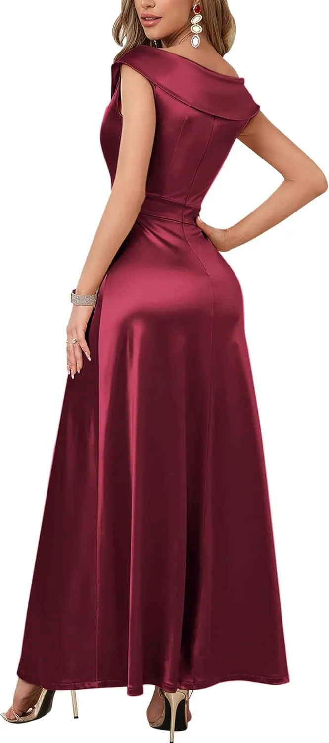 Women's Vintage 1950s V Neck Satin Cocktail Bridesmaid Floor Length Dress