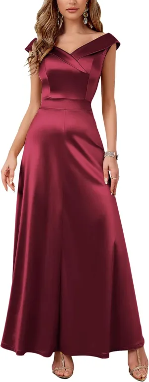 Women's Vintage 1950s V Neck Satin Cocktail Bridesmaid Floor Length Dress