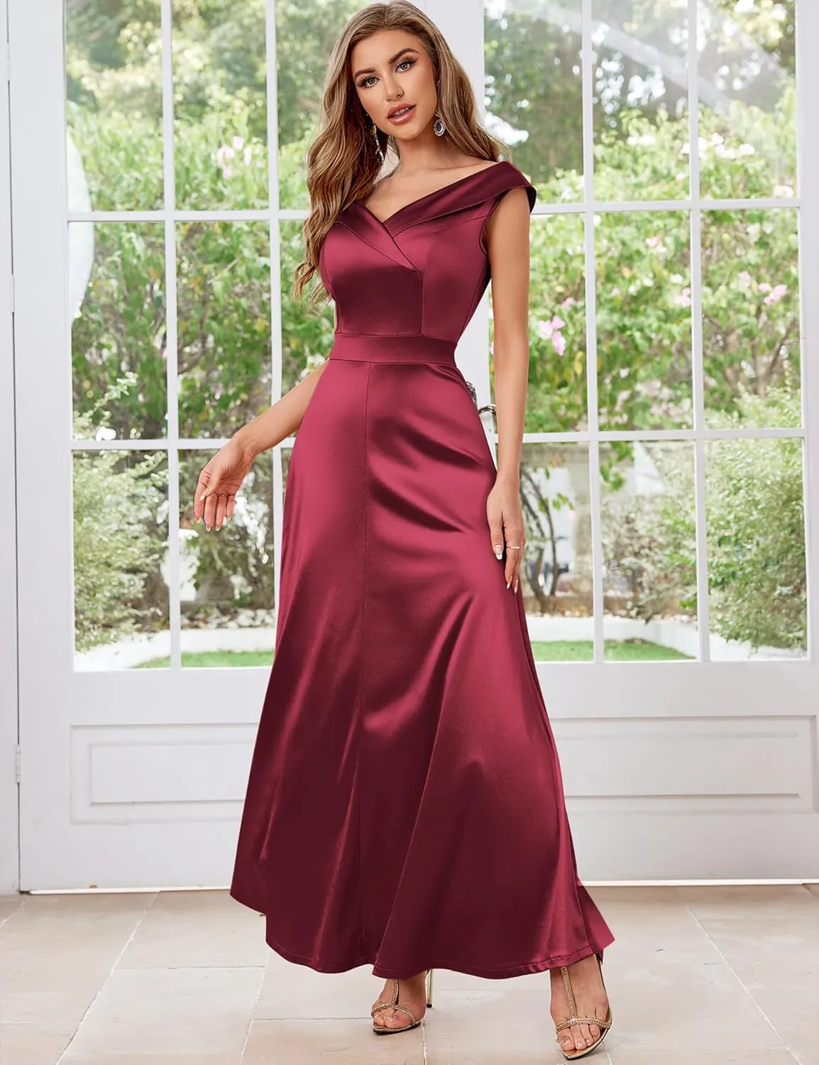 Women's Vintage 1950s V Neck Satin Cocktail Bridesmaid Floor Length Dress
