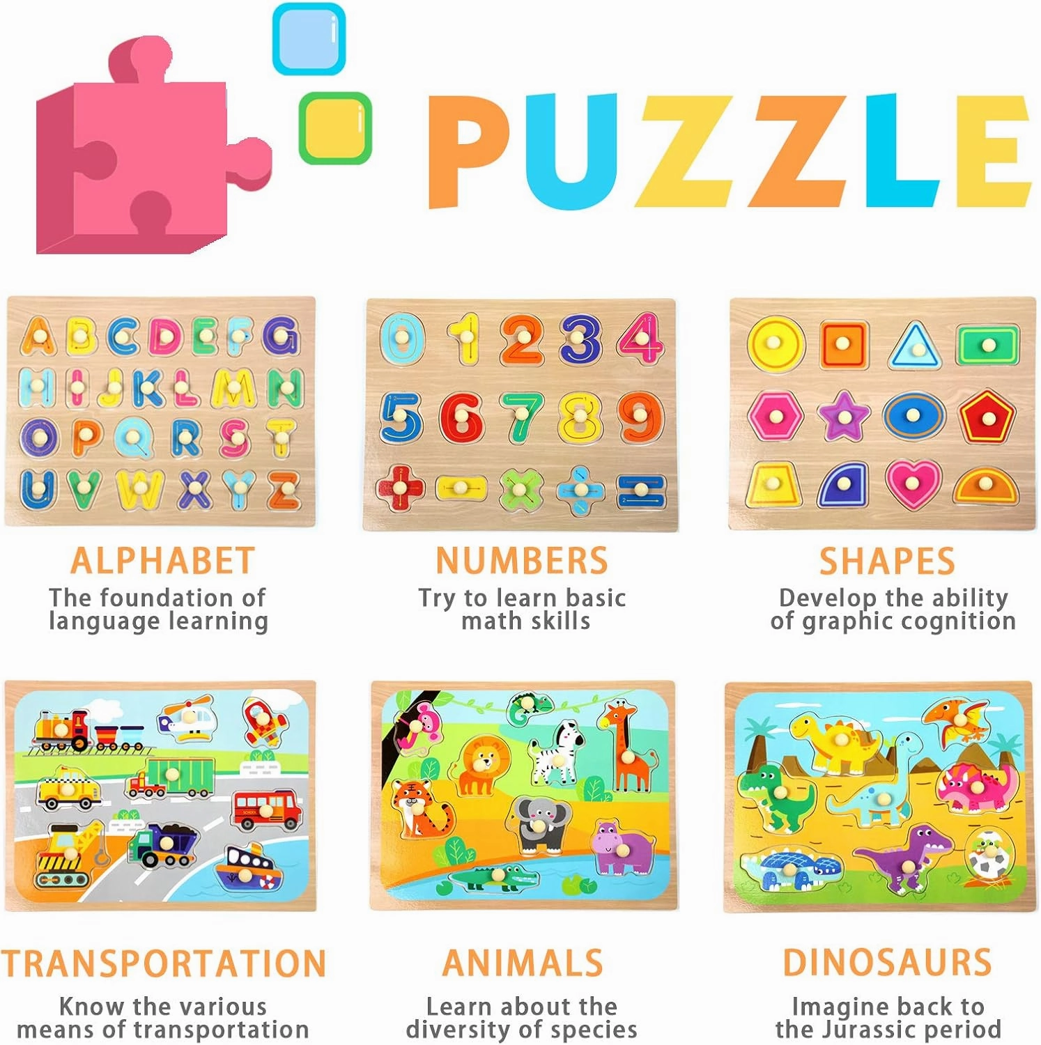 WOOD CITY Toddler Puzzles and Rack Set, Wooden Peg Puzzles Bundle with Storage Holder Rack, Educational Knob Puzzle for Kids Age 2 3 4 Years - Alphabet Number Shape Dinosaur Animal Vehicle
