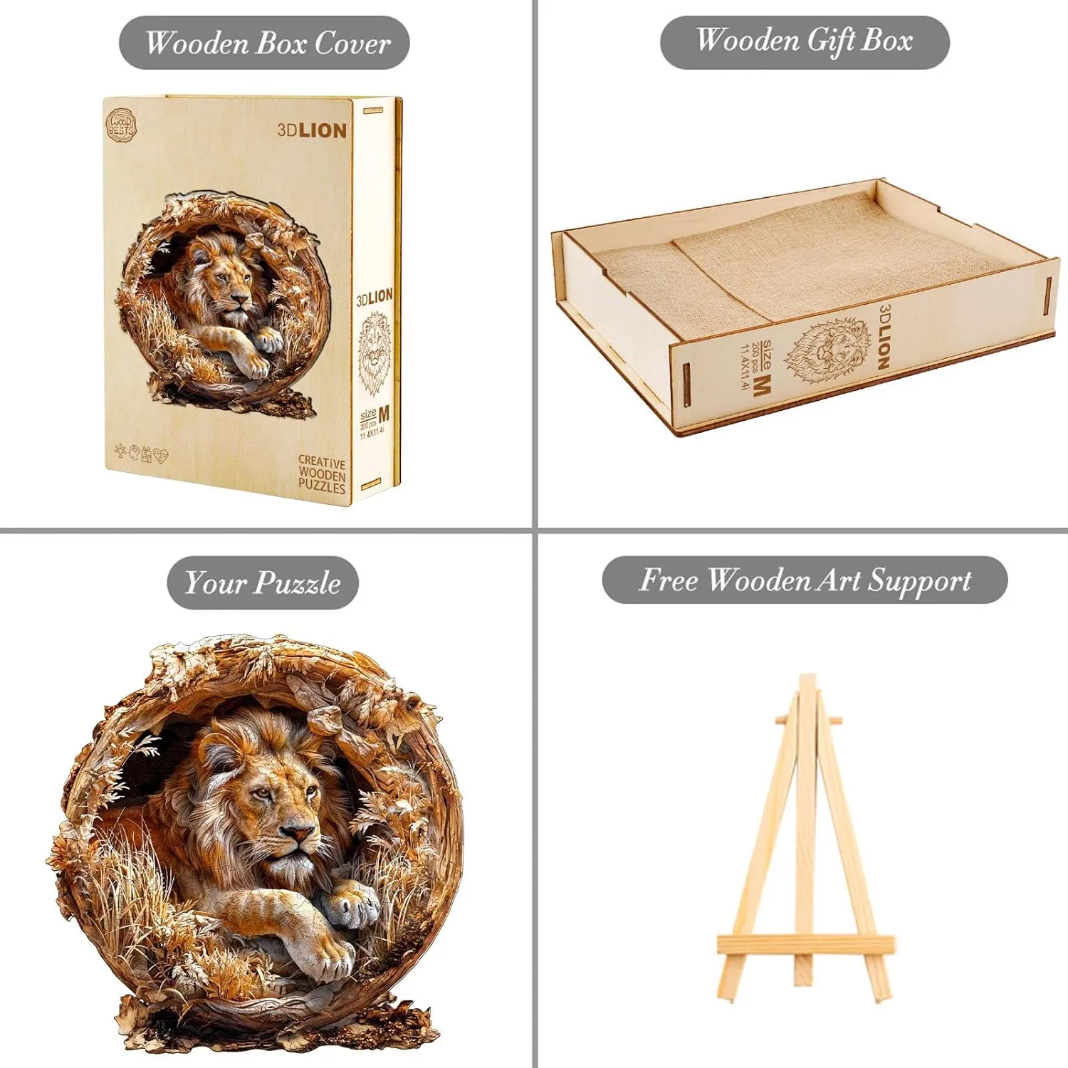Wooden Puzzles for Adults, 3D Lion (M-200pcs) Wooden Jigsaw Puzzles Kids, 11.4 * 11.4in Unique Shaped Animal Wood Puzzles Adults 3D Vision Flat Puzzle Family Games