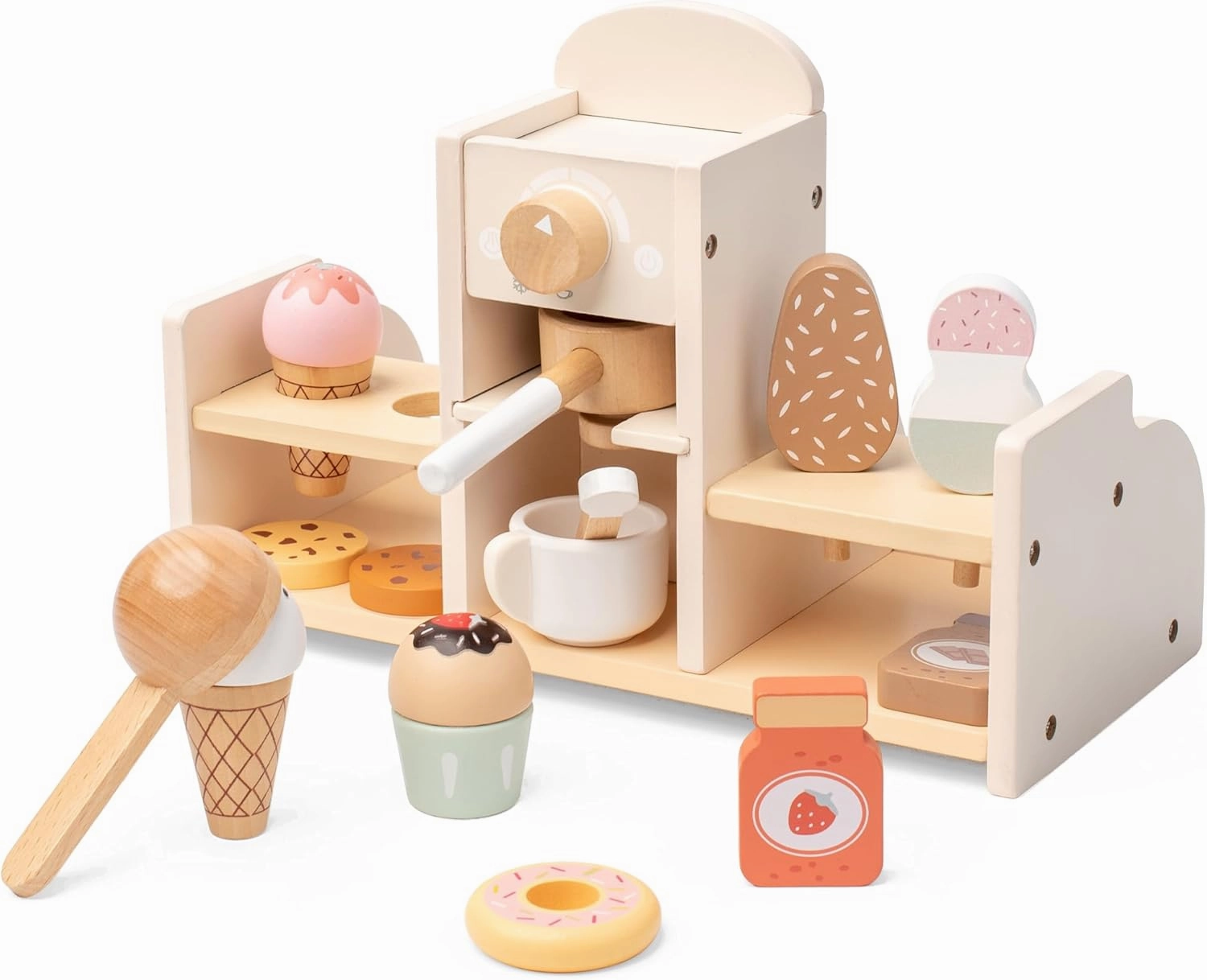 Wooden Ice Cream and Coffee Play Set for Kids, Pretend Play Toy Ice Cream Shop & Coffee Maker for Toddlers Ages 3-5, for Boys & Girls