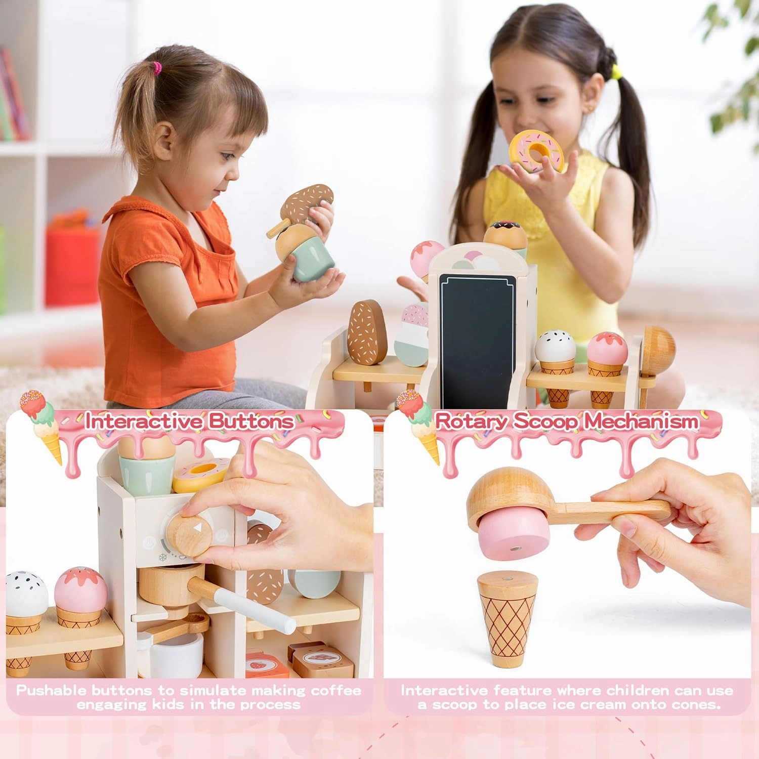 Wooden Ice Cream and Coffee Play Set for Kids, Pretend Play Toy Ice Cream Shop & Coffee Maker for Toddlers Ages 3-5, for Boys & Girls