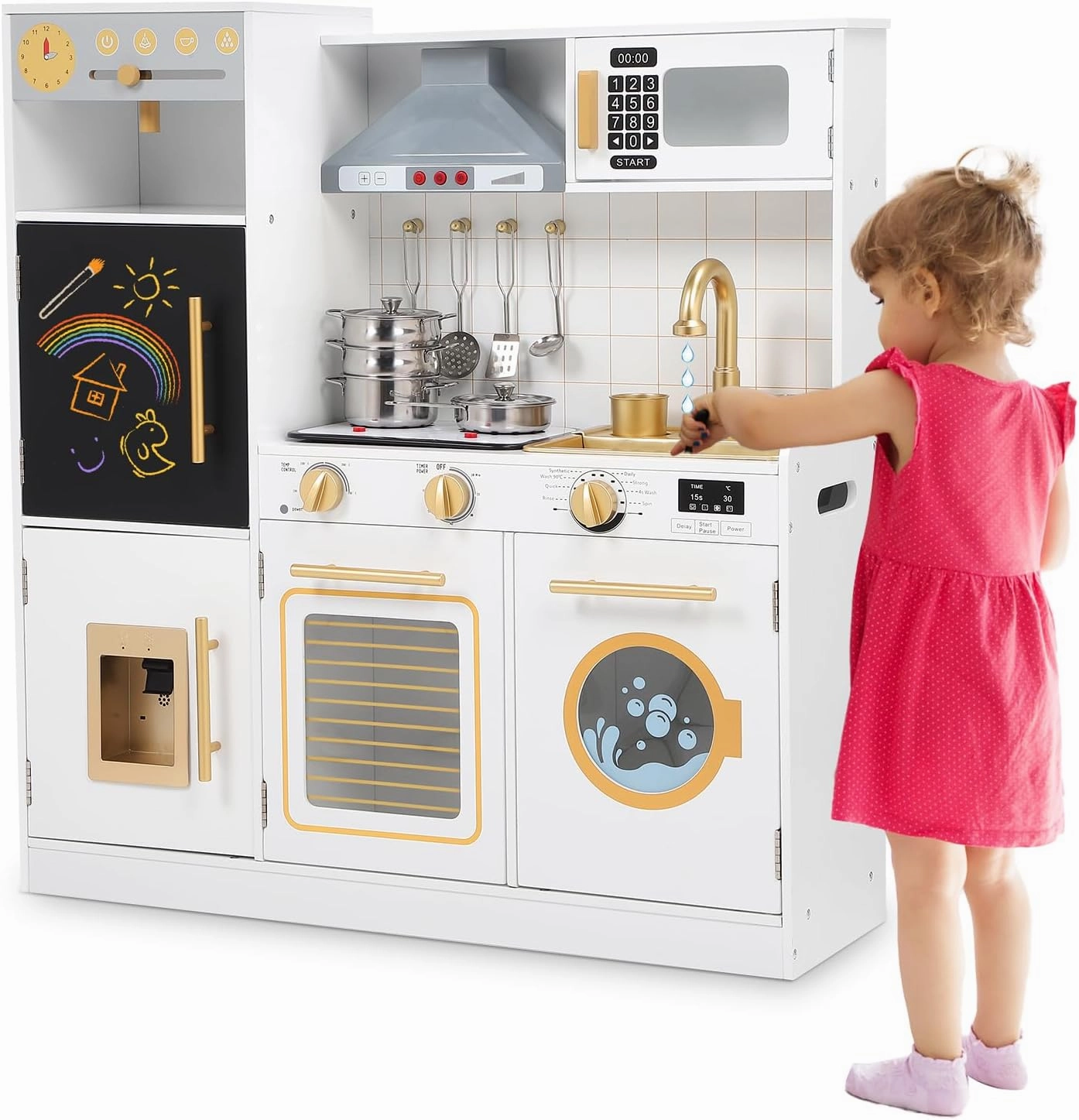 Wooden Kids Play Kitchen, Upgrade Chef Imaginative Play Kitchen with Real Lights & Sounds, New Modern Toddler Kitchen Toy with Stove, Oven, Sink with Faucet, Fridge, Range Hood, Cabinets, Kitchenware