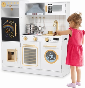 Wooden Kids Play Kitchen, Upgrade Chef Imaginative Play Kitchen with Real Lights & Sounds, New Modern Toddler Kitchen Toy with Stove, Oven, Sink with Faucet, Fridge, Range Hood, Cabinets, Kitchenware