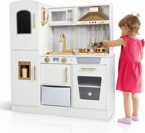 Wooden Kids Play Kitchen, Upgrade Chef Pretend Play Kitchen with Real Lights & Sounds, New Modern Toddler Kitchen Toy with Stove, Oven, Sink with Faucet, Fridge, Range Hood, Storage Cabinets