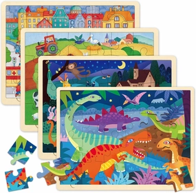 Wooden Puzzles for Kids Ages 3-5, 4 Packs 24 Piece Jigsaw Puzzles for 3 Year Old Boys Girls, Farm Urban Dinosaur Forest Animals Preschool Educational Brain Teaser Boards Toys
