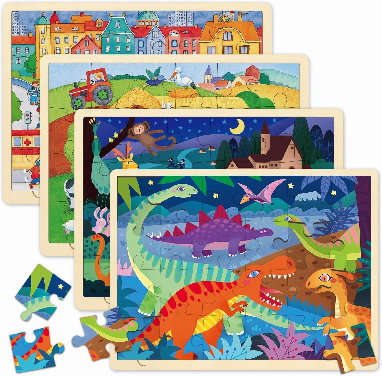 Wooden Puzzles for Kids Ages 3-5, 4 Packs 24 Piece Jigsaw Puzzles for 3 Year Old Boys Girls, Farm Urban Dinosaur Forest Animals Preschool Educational Brain Teaser Boards Toys