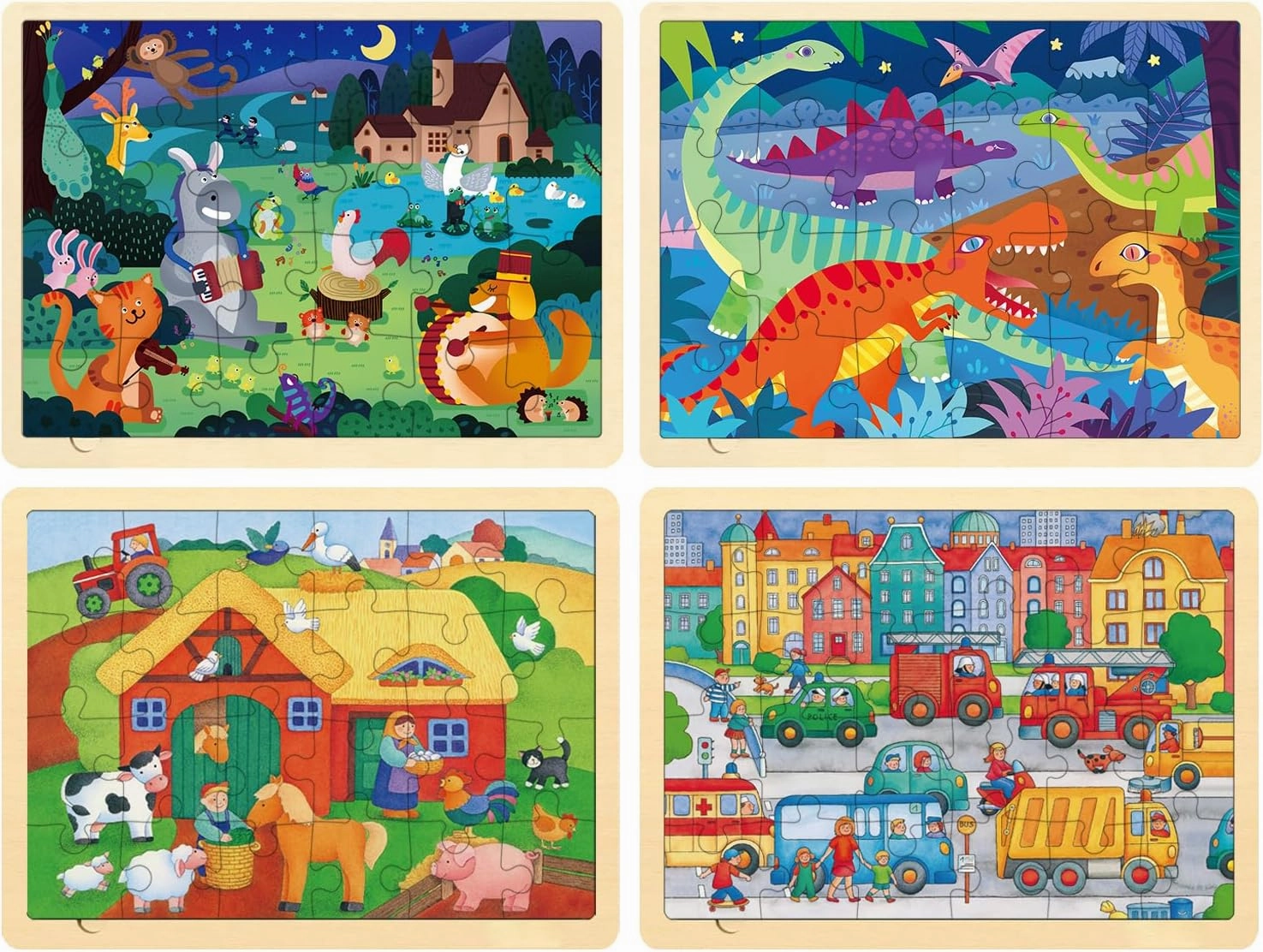 Wooden Puzzles for Kids Ages 3-5, 4 Packs 24 Piece Jigsaw Puzzles for 3 Year Old Boys Girls, Farm Urban Dinosaur Forest Animals Preschool Educational Brain Teaser Boards Toys