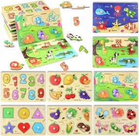 Wooden Puzzles for Toddlers 2 3 4 Years Old, 8 Pack Montessori Toys Preschool Learning Wooden Puzzles for Toddlers 1-3 with Animals, Shapes, Numbers, Toddler Toys Gifts for Kids Boys Girls