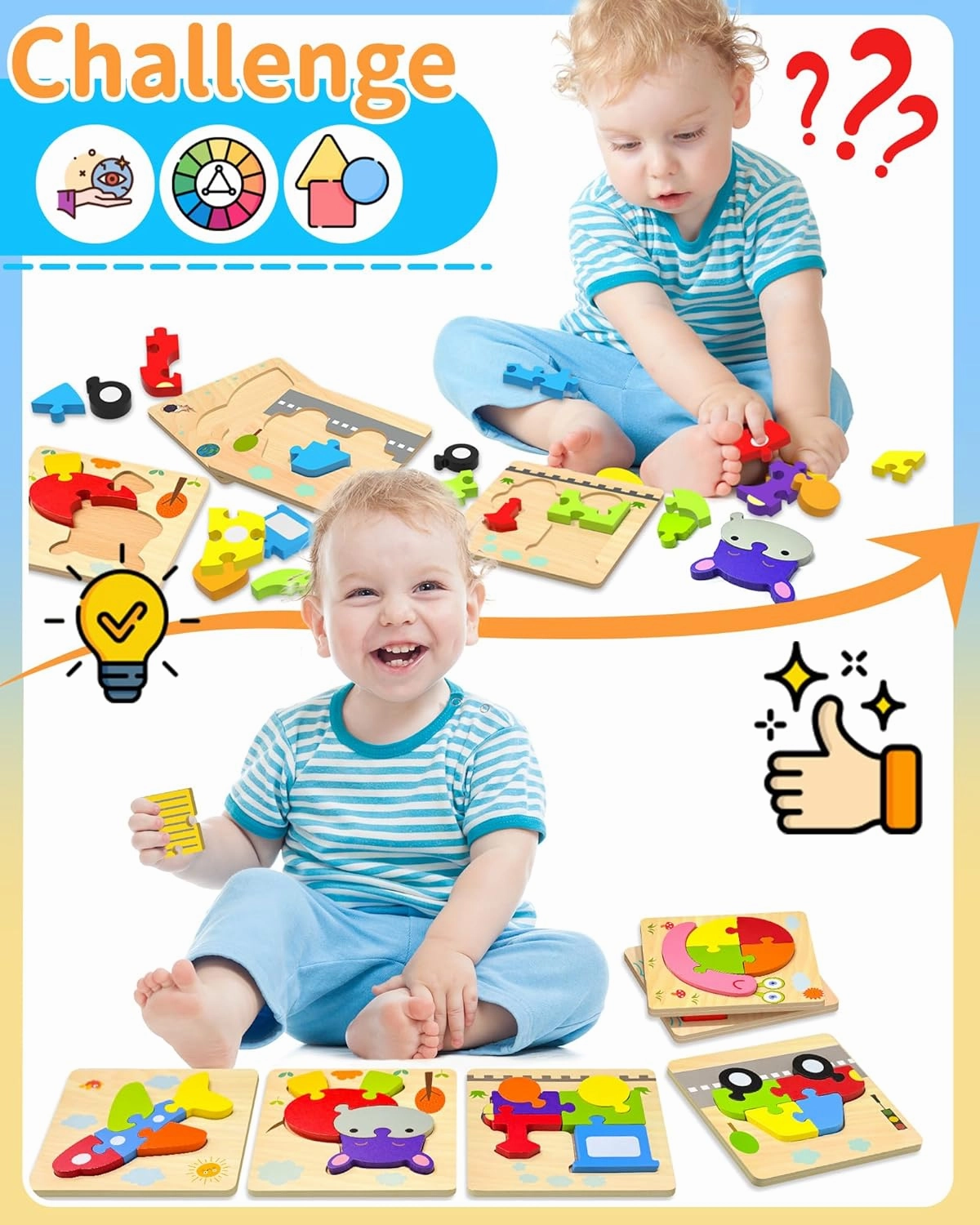Wooden Puzzles Toddler Toys for 1 2 3 Years Old Boys Girls, 8 Vehicle Shape Learning Educational Blocks Birthday Gifts Sensory Toy Montessori Toys Age 1-3, 2-4