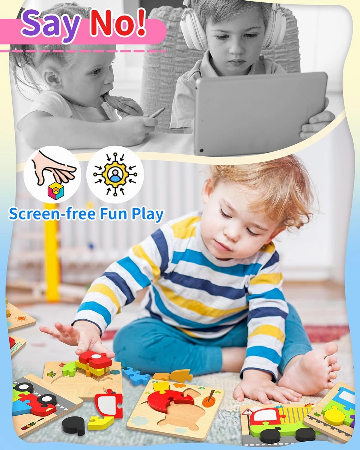 Wooden Puzzles Toddler Toys for 1 2 3 Years Old Boys Girls, 8 Vehicle Shape Learning Educational Blocks Birthday Gifts Sensory Toy Montessori Toys Age 1-3, 2-4