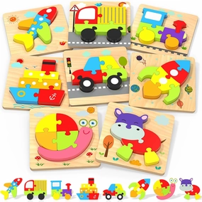 Wooden Puzzles Toddler Toys for 1 2 3 Years Old Boys Girls, 8 Vehicle Shape Learning Educational Blocks Birthday Gifts Sensory Toy Montessori Toys Age 1-3, 2-4