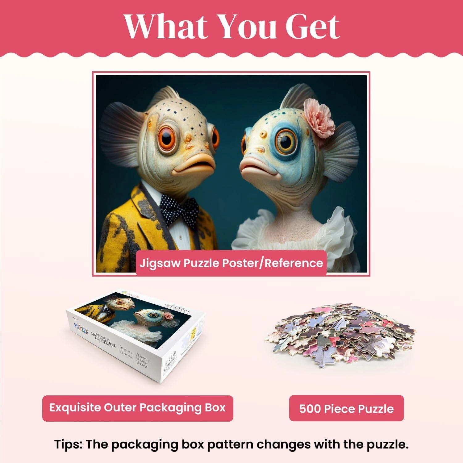 Wooden Puzzles Unique Couple Humanoid Fish Figure Formal Attire Whimsical Design Jigsaw Puzzles for Adults 500 Pieces Impossible Puzzle Challenging Puzzle Educational Toys Decompression Game