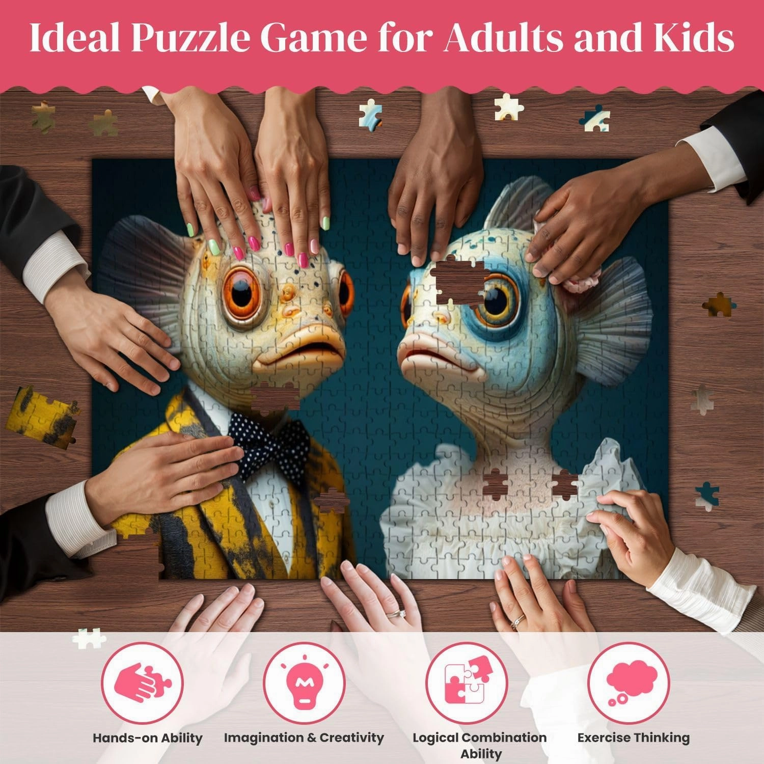 Wooden Puzzles Unique Couple Humanoid Fish Figure Formal Attire Whimsical Design Jigsaw Puzzles for Adults 500 Pieces Impossible Puzzle Challenging Puzzle Educational Toys Decompression Game