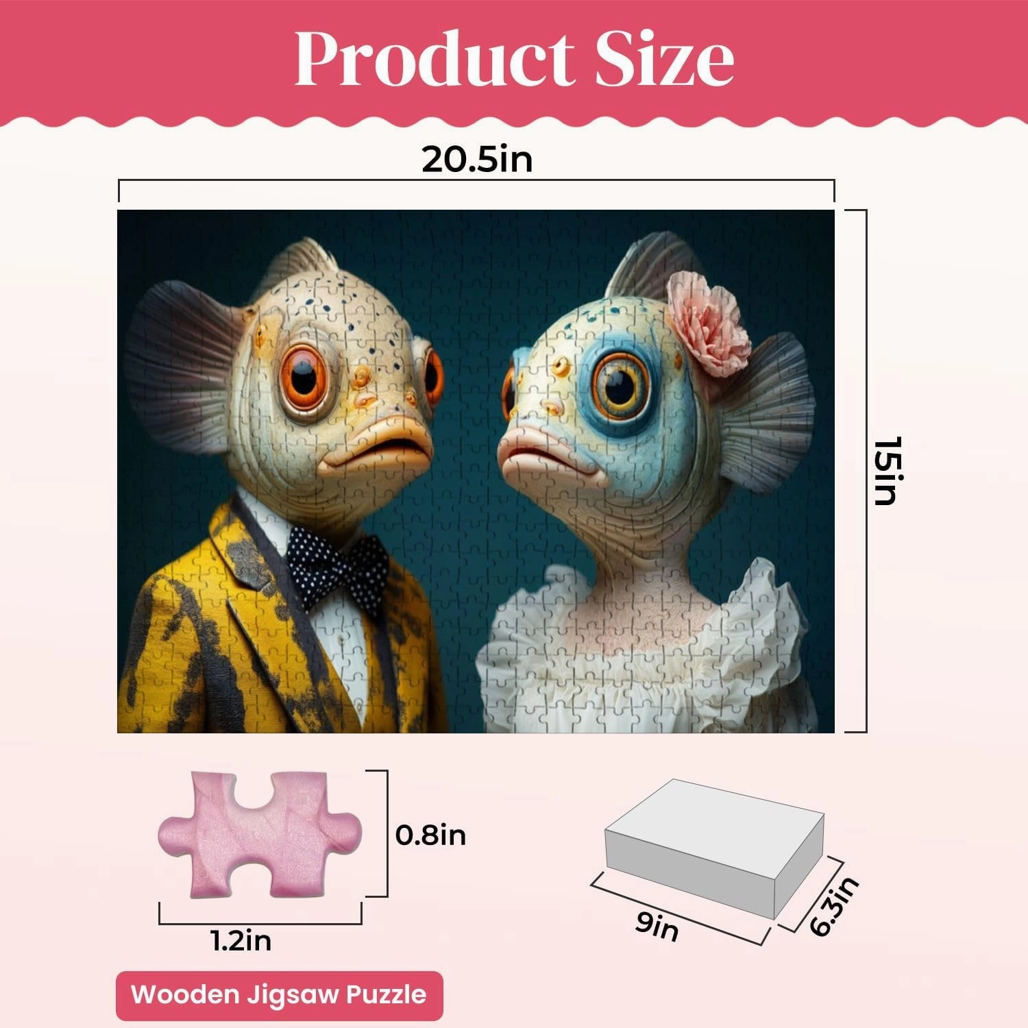 Wooden Puzzles Unique Couple Humanoid Fish Figure Formal Attire Whimsical Design Jigsaw Puzzles for Adults 500 Pieces Impossible Puzzle Challenging Puzzle Educational Toys Decompression Game