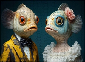 Wooden Puzzles Unique Couple Humanoid Fish Figure Formal Attire Whimsical Design Jigsaw Puzzles for Adults 500 Pieces Impossible Puzzle Challenging Puzzle Educational Toys Decompression Game