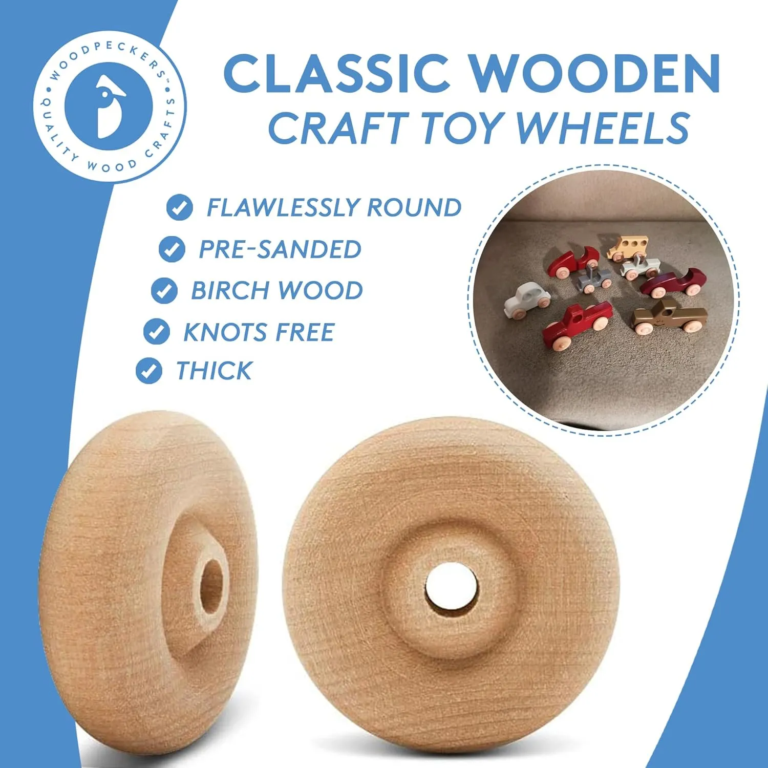 Woodpeckers- Classic Wooden Craft Toy Wheels 2" X 1/4" Axle Hole - 24 Pack